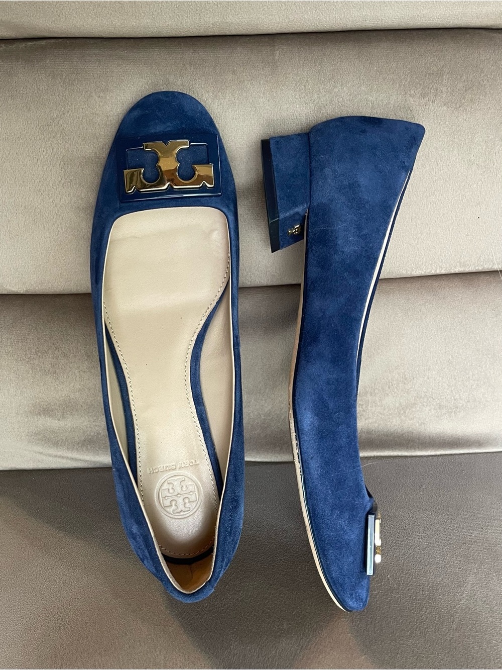 Tory Burch Gigi Navy Blue Suede Block Heels